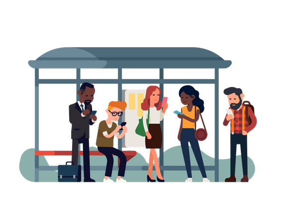 Phone addicted commuters at bus stop  Illustration