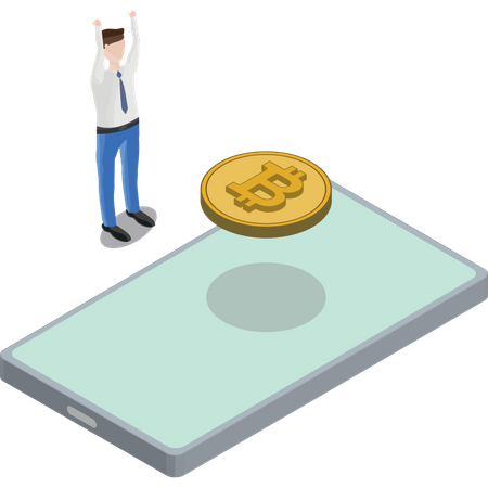Phone Bitcoin Floating Back Man Hands In Air Illustration