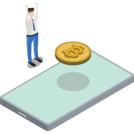 Phone Bitcoin Floating Back Man Hands In Air  Illustration