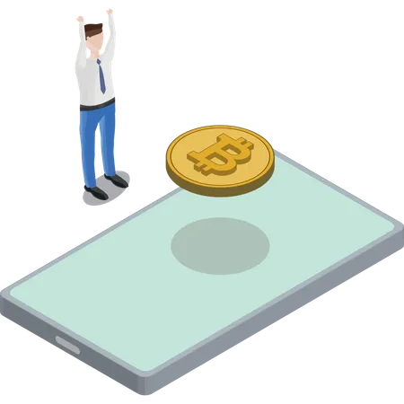 Phone Bitcoin Floating Back Man Hands In Air  Illustration