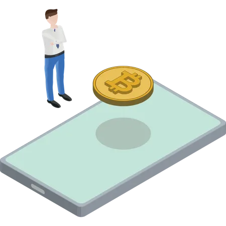 Phone Bitcoin Floating Back Man Thinking  Illustration