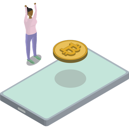 Phone Bitcoin Floating Back Woman Hands In Air  Illustration