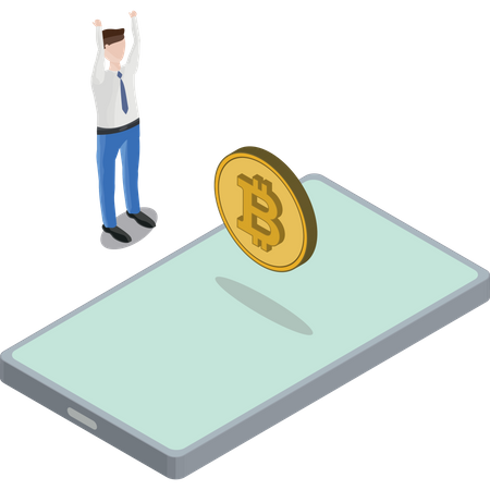 Phone Bitcoin Floating Man Hands In Air  Illustration