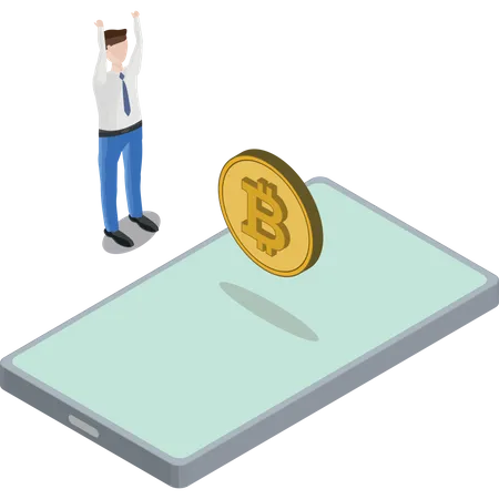 Phone Bitcoin Floating Man Hands In Air  Illustration