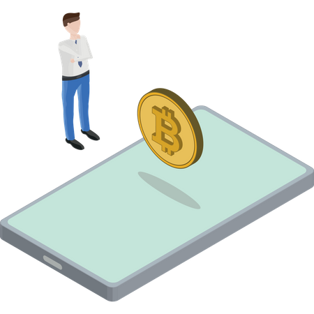 Phone Bitcoin Floating Man Thinking  Illustration