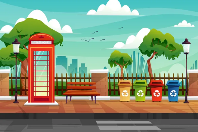 Phone booth and trash on side street Illustration