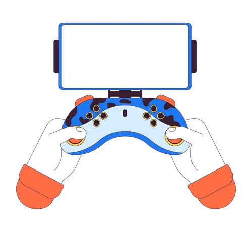 Phone Holder For Game Controller Linear Cartoon Character Hands Illustration Gamepad Smartphone Empty Screen Outline 2 D Vector Image White Background Pressing Buttons Editable Flat Color Clipart Illustration