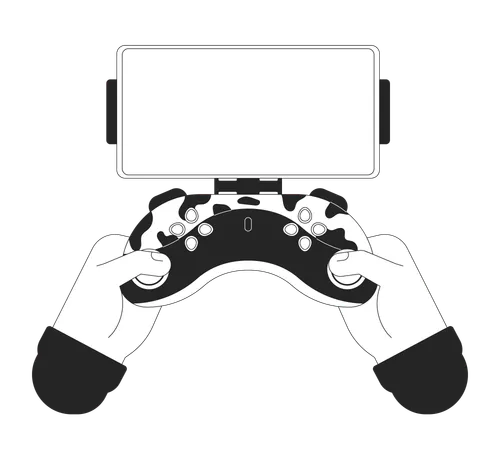 Phone Holder For Game Controller Cartoon Human Hands Outline Illustration Gamepad Smartphone Empty Screen 2 D Isolated Black And White Vector Image Press Buttons Flat Monochromatic Drawing Clip Art Illustration