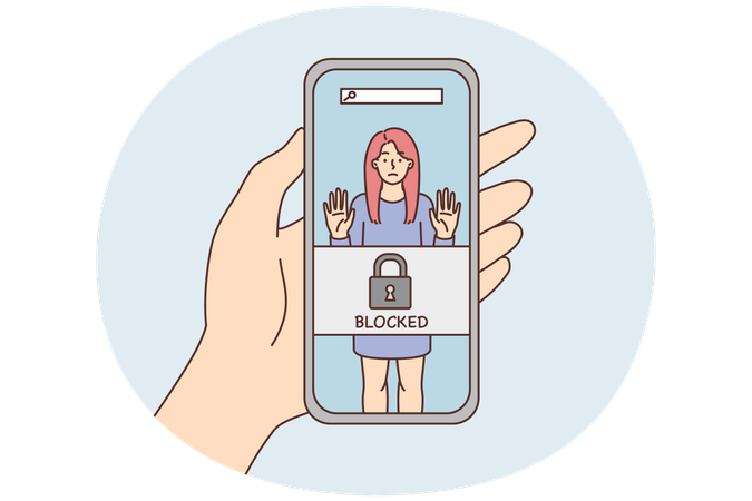 Phone in hand with photo of woman and inscription blocked due to unacceptable behavior  Illustration