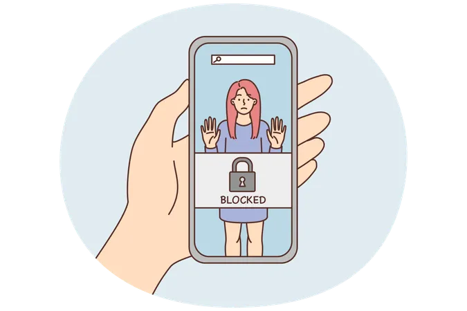 Phone in hand with photo of woman and inscription blocked due to unacceptable behavior  Illustration