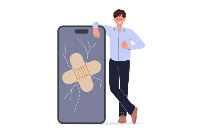 Phone showing man cracked display with medical plaster and showing thumbs up  Illustration