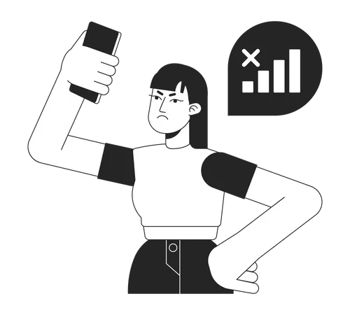 Phone User Disconnected From Network Bw Vector Spot Illustration Girl With Phone Problem 2 D Cartoon Flat Line Monochromatic Character On White For Web UI Design Editable Isolated Outline Hero Image Illustration