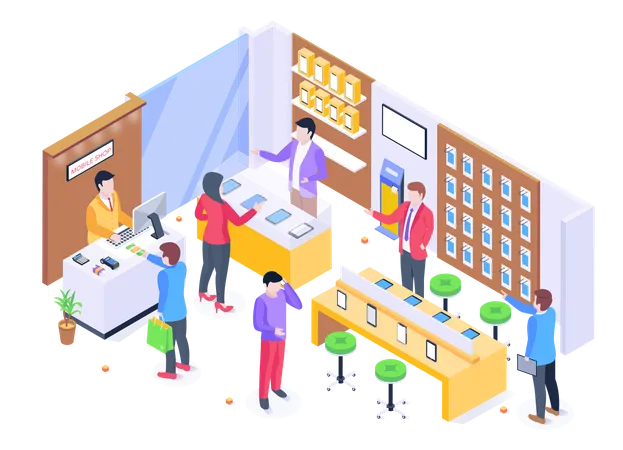 Isometric Illustration Of A Phone Shop Customer In A Gadget Shop Illustration
