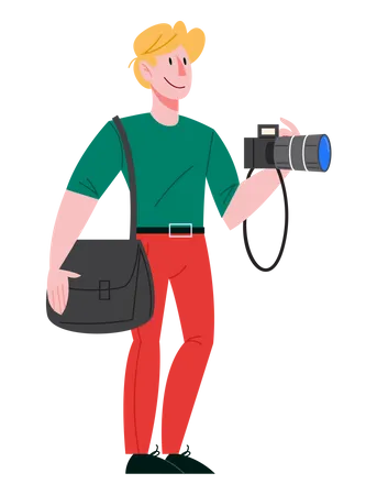 Photographe masculin tenant un appareil photo professionnel  Illustration