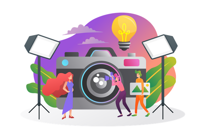 Photographe masculin faisant une séance photo de modèle  Illustration