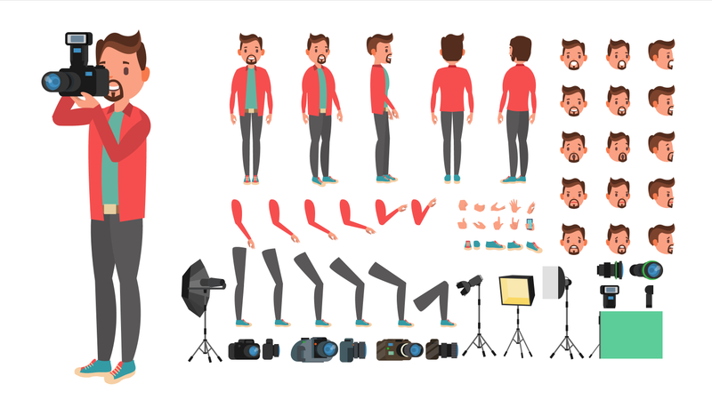 Photographe prenant une photo avec une pose différente utilisée dans l'animation  Illustration