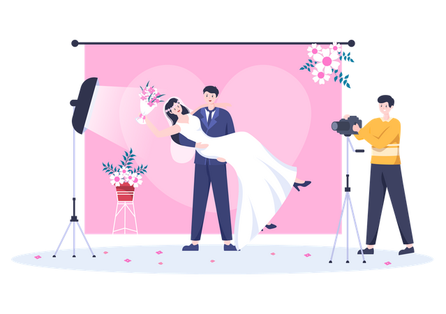 Photographer clicking photos of bride and groom Illustration