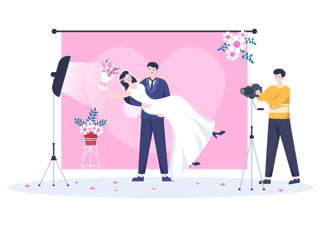 Photographer clicking photos of bride and groom  Illustration