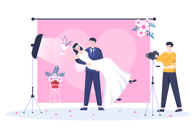 Photographer clicking photos of bride and groom  Illustration