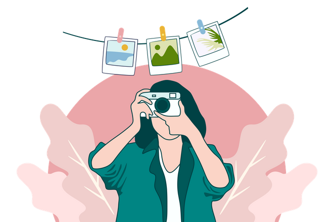 Photographer Girl With Camera Flat Design  Illustration