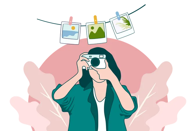 Photographer Girl With Camera Flat Design  Illustration