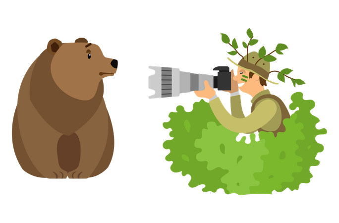 Photographer Hiding in Bushes Taking Photo of Bear  Illustration