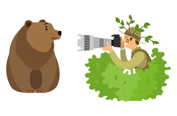 Photographer Hiding in Bushes Taking Photo of Bear  Illustration