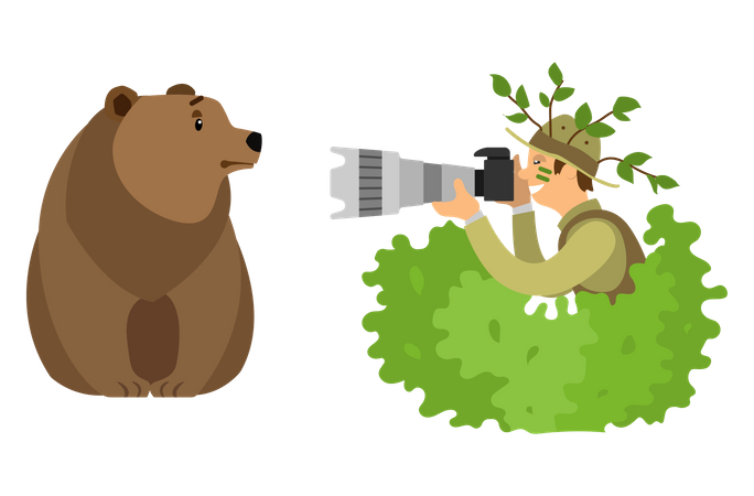 Photographer Hiding in Bushes Taking Photo of Bear  일러스트레이션