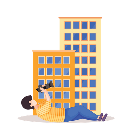Photographer Lying Down to take picture of building  Illustration
