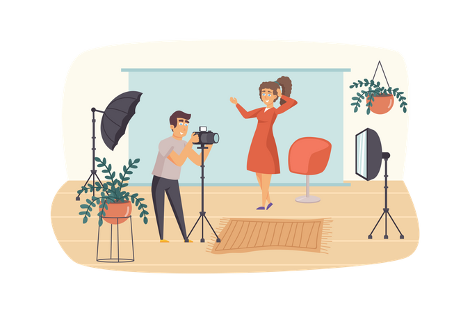 Photographer makes photo shooting for woman in professional studio  일러스트레이션