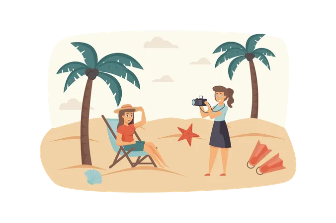 Photographer Makes Photo Shooting With Woman At Tropical Beach Scene Model Posing For Photography Creative Profession Memories Concept Vector Illustration Of People Characters In Flat Design Illustration
