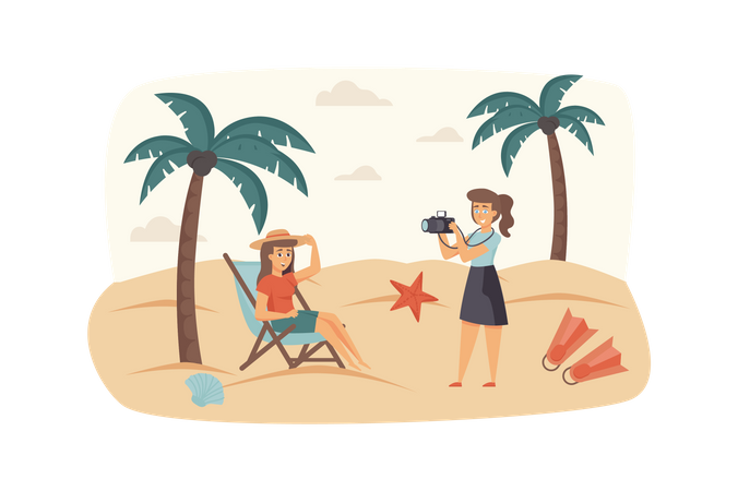 Photographer makes photo shooting with woman at tropical beach  Illustration