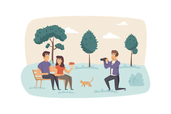 Photographer Making Photo Shooting For Couple In Park Scene Man And Woman Posing For Art Photography Creative Profession Memories Concept Vector Illustration Of People Characters In Flat Design Illustration