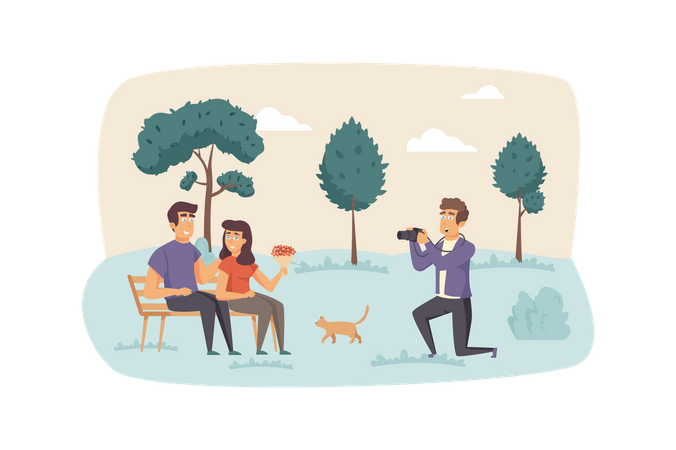 Photographer making photo shooting for couple in park  일러스트레이션