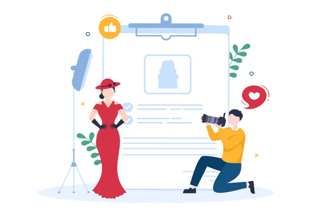 Model Portfolio Template Hand Drawn Cartoon Flat Illustration With Modeling Agency Manager And Photographer Take Photos Of Model In Platform Design Illustration