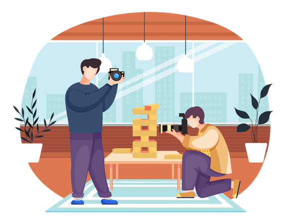 Photographer takes photos of a man playing jenga  Illustration