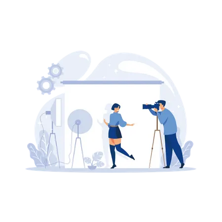 Photographer takes pictures of a model in the studio. Vector illustration. Illustration