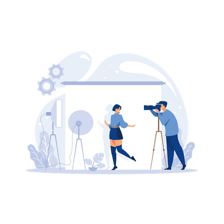 Photographer takes pictures of a model in the studio. Vector illustration.  Illustration