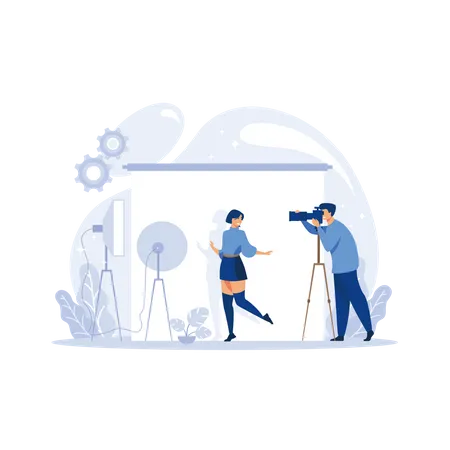 Photographer takes pictures of a model in the studio. Vector illustration.  Illustration