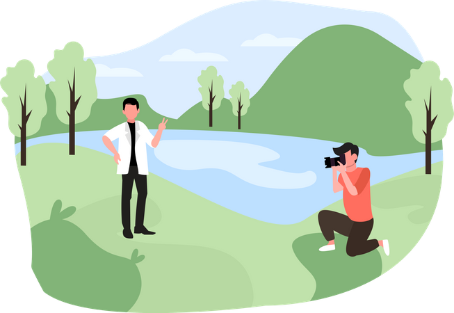 Photographer taking photo on adventure tour  Illustration