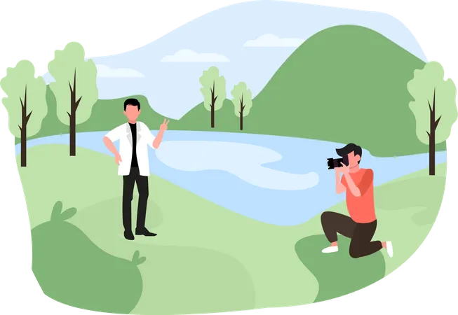 Photographer taking photo on adventure tour  Illustration