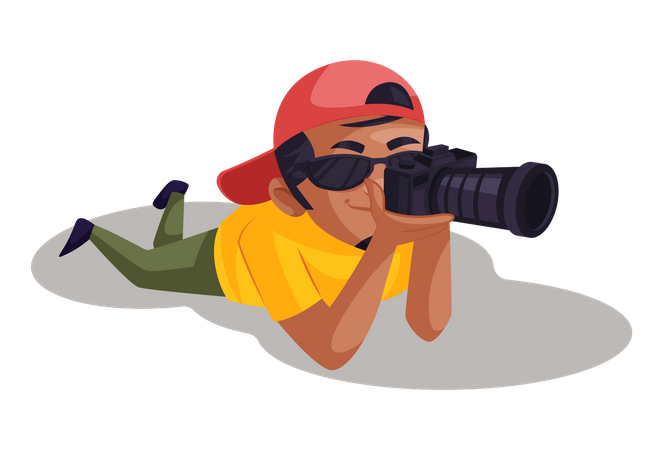 Photographer taking photo while laying down  Illustration