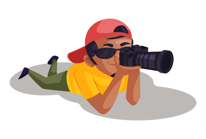 Photographer taking photo while laying down  Illustration