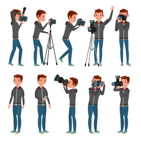 Photographer Taking Photo With Different Pose  Illustration