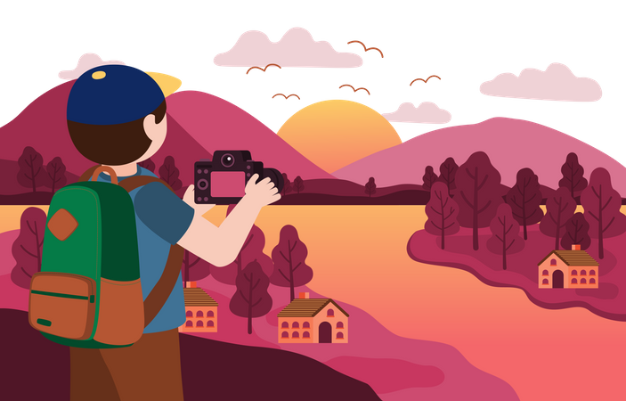 Photographer Taking sunset Scene  Illustration