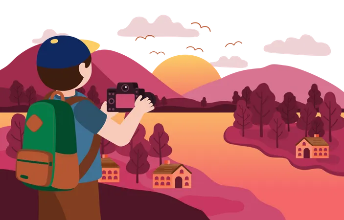 Photographer Taking sunset Scene  Illustration