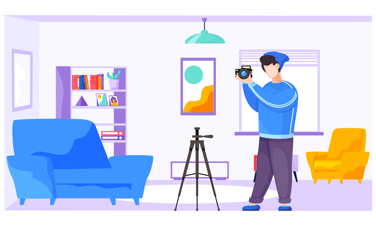 Photographer with camera and tripod in apartment  Illustration