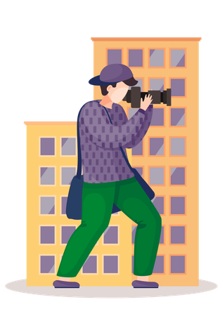 Photographer with camera takes pictures of a building  Illustration