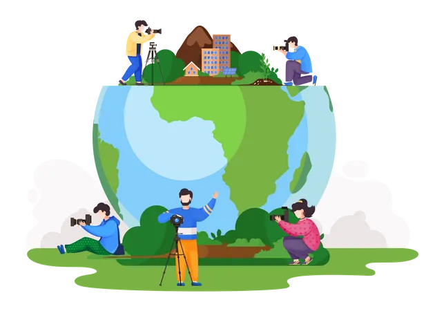 Photographers Taking Photos Using Professional Equipment Set Men And Woman With Cameras Making Pictures Vector Illustration Camerists Outdoor In Various Poses On The Background Of The Globe Illustration