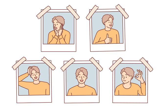 Photographs man making various emotional grimaces are taped to pages photo album  イラスト
